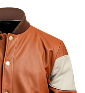 แจ็กเก็ตหนังแกะแท้สีน้ำตาลสูงสำหรับผู้ชายฤดูหนาวคอเบสบอลกระดุมถัก - Product Image 5