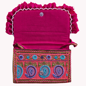 Gulbahaar Bohemian Floral Embroidered Clutch Bag Handmade Silk Lining Pearl Rhinestone Chain Fur Straps Decor Portable <b>Cover</b> - Product Image 4