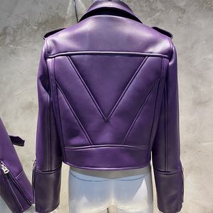 Chaquetas de cuero de piel de oveja auténtica púrpura para mujer de otoño 2025, chaqueta de cuero para motocicleta, chaqueta de cuero para mujer - Product Image 3