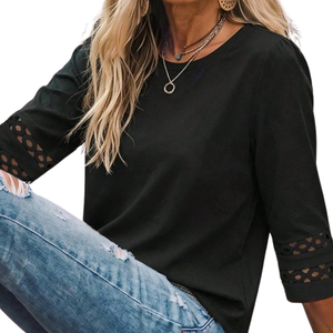 Haut décontracté noir à manches longues pour femme, col rond, coupe ample, avec détail de manches en dentelle, élégant, pour le quotidien - Product Image 6