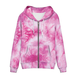 Sudadera con Capucha y Cremallera Delantera con Logotipo, Estilo Tie-Dye en Rosa Suave, Estética Pastel Minimalista, Ropa de Estar Holgada de Algodón Suave - Product Image 1