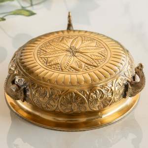 Traditional Style Gold Brass Urli with <b>Elephant</b> Trunk and Foliage Design Round Shape Tabletop Vase for Diwali Festivities - Product Image 3