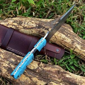Cuchillo de Caza de Hoja Fija de Acero de Damasco Hecho a Mano Personalizado, Funda de Cuero para Supervivencia al Aire Libre, Venta al por Mayor OEM, 3 Años - Product Image 3
