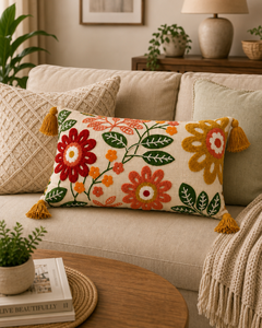Custom Handmade Cotton Embroidered Floral Lumbar <b>Cushion</b> with Insert Botanical Throw Pillow with <b>Tassels</b> for Home Decor - Product Image 6