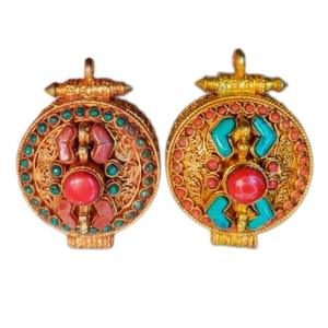 Joyería budista religiosa de Latón chapado en oro hecha a mano colgantes finos dijes Ghau forma diamante Coral flor patrones Turquesa - Product Image 5