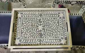 Plateau de service en incrustation d'os en bois naturel fabriqué à la main de qualité supérieure pour les restaurants à domicile et les hôtels de l'Inde. - Product Image 4