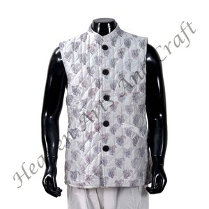 Indian Hand Block Printed Floral Quilted Jacket For Men's All Seasons Casual Button Decoration Style Block Print Cotton Jacket - Product Image 6