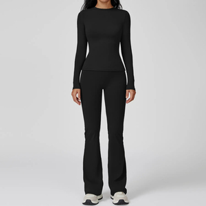 Ensemble de yoga 2 pièces pour femmes, couleur unie violet, manches longues, col rond, taille haute, leggings sans couture pleine longueur, vêtements de sport - Product Image 2