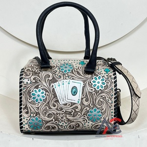 Handmade <b>Tooled</b> Genuine Leather Poker Ace Speedy Bag Western Floral <b>Engraved</b> Cowhide Duffel Bag Vintage Turquoise Shoulder Bag - Product Image 1
