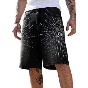 Classi-Pantalones cortos de mezclilla con diamantes de imitación para hombre, con apertura en la pierna ancha, de algodón transpirable y tejido elástico, pantalones cortos de mezclilla de secado rápido para hombre - Product Image 1