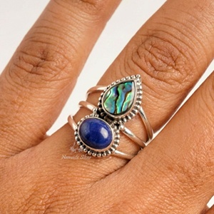 Abalone and <b>Lapis</b> <b>Lazuli</b> <b>Ring</b>, 925 Sterling Silver Vertical Gemstone - Product Image 1