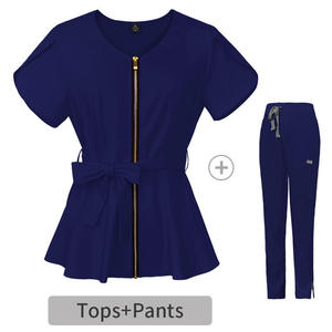Top de enfermera de manga corta para mujer con pantalones para correr, uniformes médicos al por mayor, traje de tela de punto con cremallera para el personal del Hospital - Product Image 4