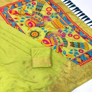 Sari en soie douce VASTRA COTTAGE, or zari, motif floral Meenakari, bordure fantaisie Sparrow Pall, qualité originale avec blouse assortie - Product Image 5