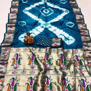 Bandhej en soie à motif Sibory léger et sari à impression numérique avec riche pallu pour femme - Product Image 1