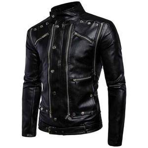 Chaqueta de Cuero Genuino Negra para Hombre, Estilo Ajustado con Bolsillos con Cremallera, Detalles Tachonados y Cintura con Cinturón - Product Image 3