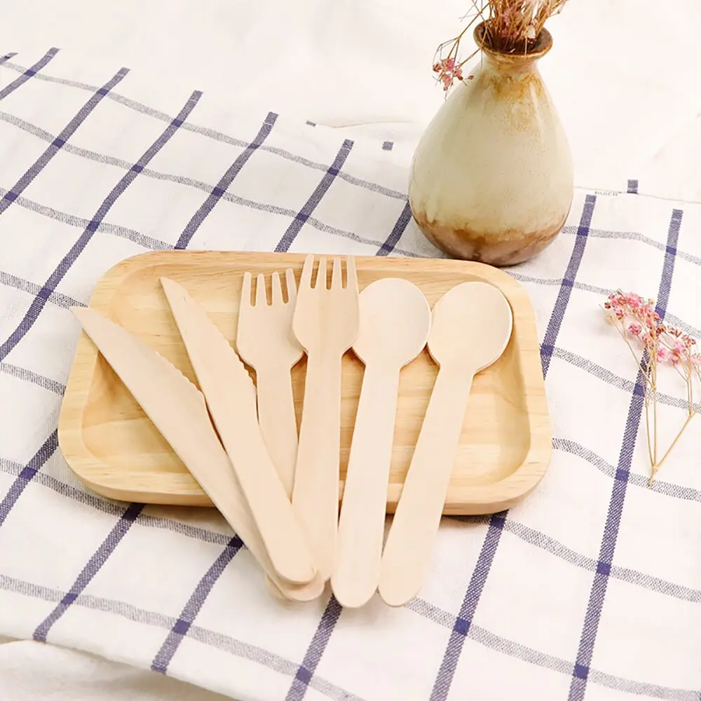 Compostable spoons wood forks disposable knife wooden cutlery set high quality fork and spoon single use