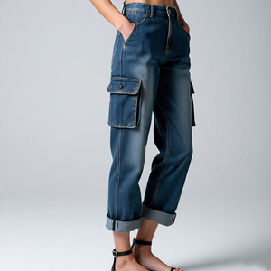 2025 Women Vintage Straight Cargo Jeans Pants Multi Pocket Trouser High Waist Casual Loose Washed Denim Jeans Cargo Pant Trouser - Product Image 5
