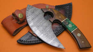 Traditional Full Tang Multi-Purpose Damascus Pizza Cutter <b>Axe</b> Utility Meat <b>Chopping</b> Knife with Wood Aluminium Leather Sheath - Product Image 2
