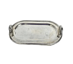 Bandeja de servicio pulida de plata ovalada de acero inoxidable con acabado reflectante y diseño de mango de asta - Product Image 3