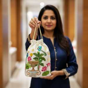 Sac de soirée Banarasi Potli en ivoire de style jardin - Product Image 4