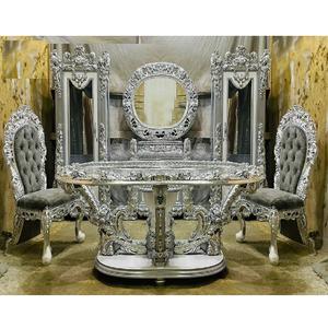 Muebles tallados a mano para comedor, mobiliario tallado a mano de estilo clásico para comedor de 4 plazas con acabado plateado - Product Image 1