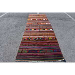 Alfombra turca Vintage étnica roja de 4,2X12,5 pies de área grande de lana de látex Rectangular abstracto Patchwork diseño de pasillo alfombra de habitación de 10mm - Product Image 1