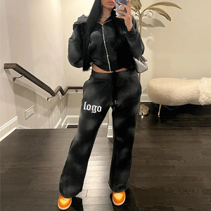 Streetwear Acid Washed Sweat Suits Zipper Rhinestone Hoodies <b>Tracksuit</b> Set Vintage Flared Sweatpants and Hoodie Set for Men - Product Image 3