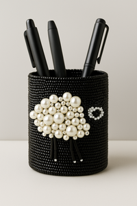 Cream Base with <b>White</b> & Black Decorative Item Handmade Beaded Sheep <b>Pen</b> Holder Cute Desk Organizer with Pearl & Bead Embroidery - Product Image 2