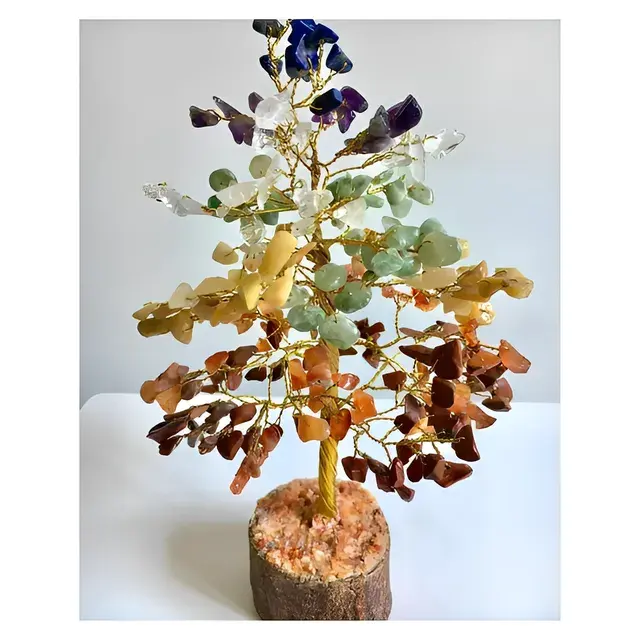 Neues Design Hand crafts Chips Sieben Chakra Baum Kupfer Holz basis Viel Glück Kristall Bonsai Weihnachts bäume für die Dekoration