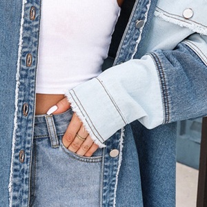 Nouveau Style dame Jean vestes à manches longues femme Denim veste femmes quantité coton bleu OEM poches personnalisé lumière teint patchs - Product Image 5