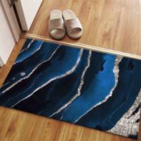 Tapis en laine patchwork bleu marine - Tapis d'intérieur de luxe écologique traditionnel pour bureau avec envers en latex et poils moyens