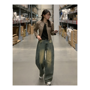 Women'<b>jean</b> Women Apparel K-Fashion Side Slit Denim Pants Vintage Washed Wide Leg <b>Jeans</b> 2COLOR <b>Soft</b> Cotton Casual Everyday Outfit - Product Image 3