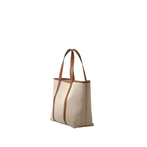 Elegant Beige <b>Canvas</b> Tote Bag with Brown Leather Detailing Wholesale - Product Image 2