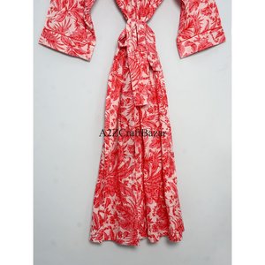 Bata de baño tipo kimono de lujo, 100% algodón, con estampado floral rojo a mano, estilo indio, para dormir, traje de baño, bata de estar por casa, verano/primavera - Product Image 5