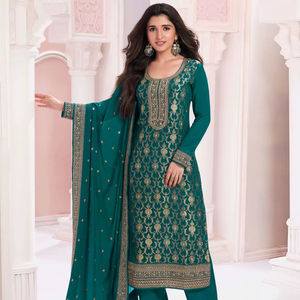 Top Jacquard de viscosa Salwar Kameez para adultos de invierno indio elegante con fondo Santoon Chinon Silk Dupatta Jari Sequence Work - Product Image 1