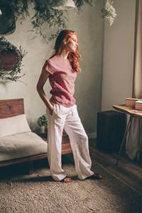 เสื้อเบลาส์ผ้าลินินสีชมพูวินเทจคลาสสิกสำหรับผู้หญิงเสื้อยืดแขนสั้นกระโปรงยาวริบบิ้นผ้าปะติดทรงเอไลน์ขนาดใหญ่พิเศษฤดูร้อน - Product Image 3