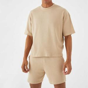 ชุดสูทผ้าฝ้ายสองชิ้นชุดวอร์มเสื้อวอร์มลำลองสำหรับผู้ชายชุดผ้าฝ้าย100% โอเวอร์ไซส์แขนสั้นออกแบบโลโก้ได้ตามต้องการ - Product Image 2