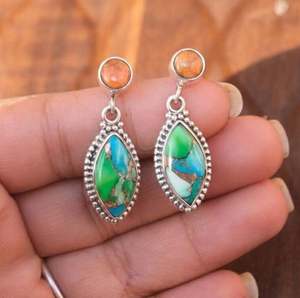 Pendientes de Botón de Turquesa Cobre Naranja Ostra y Turquesa Cobre Azul Verde, Plata de Ley 925, Hechos a Mano por Exportador - Product Image 4