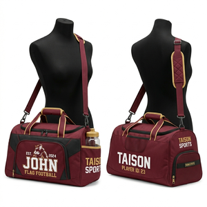 Bolsa de fútbol americano para mujer, poliéster 320 GSM, duradera, color rojo coral, panel de contraste, bolsillo de malla, logotipo personalizado con transferencia térmica, bolsa de lona. - Product Image 4