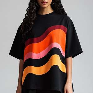 T-shirt d'été oversize en coton doux imprimé de vagues abstraites, col rond, épaules tombantes, demi-manches, noir, décontracté pour femmes - Product Image 5