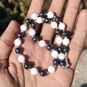 Natural Hematite White Onyx Sterling Silver <b>Statement</b> <b>Necklace</b> 8mm Round Smooth Beads Black & White Wedding Gift for Women - Product Image 4
