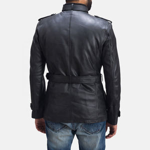 Chaqueta de cuero negra personalizada para hombre con bolsillos y cinturón Chaqueta de cuero para hombre Mangas de cuero personalizadas completamente personalizadas - Product Image 6