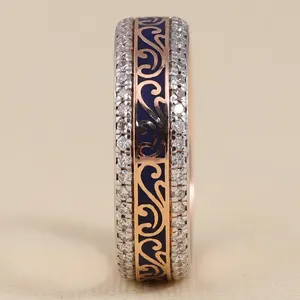 Vintage Style Lab-Grown Diamond Eternity Ring Blue Enamel Engraved 10K Yellow Gold Band VVS Clarity Cut Pink Sapphire Stone Fine - Product Image 1