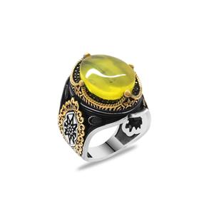 Anello da uomo in argento Sterling 925 a goccia naturale ambra con dettaglio del sole sui lati - Product Image 2