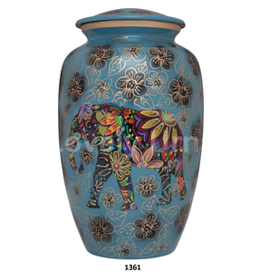 Elephant Printed Blue Aluminium Funeral Cremation Adult Burial Urns for Human Ashes Free <b>Velvet</b> <b>Bag</b> - Product Image 1