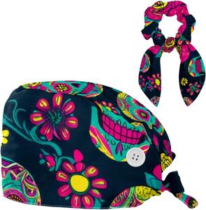 Gorro de fregado estampado OEM, accesorio de botón especial de higiene, cobertura de pelo largo, mezcla de algodón, ropa de trabajo médica ajustable, gorros de fregado - Product Image 5