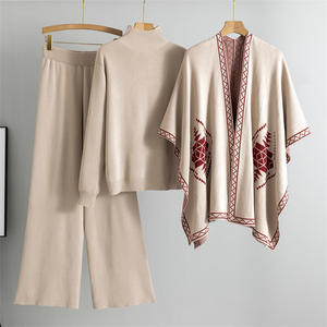 เสื้อสเวตเตอร์แบบสวมหัวสำหรับผู้หญิงเสื้อสเวตเตอร์ถักแบบสวมหัวปกติเสื้อแจ็กเก็ตผ้าคลุมไหล่กางเกงขากว้างหรูหราฤดูใบไม้ร่วง - Product Image 3