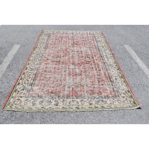 Tapis Turc Vintage 5.8X8.5 pieds Rouge Beige Laine Tapis Fait Main Patchwork Rayé Rectangulaire 10mm Latex pour Salon Couloir - Product Image 1