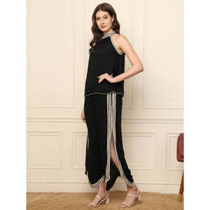 Deebaco Women's <b>Black</b> Co-Ord Set Sleeveless Lace WorkHalter Top With Side Stripe <b>Pants</b> Casual Summer Western 2 Piece Outfits - Product Image 3