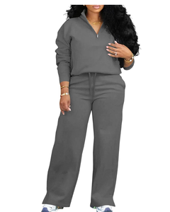 Sweat-shirt demi-zip surdimensionné pour femmes jambe large décontracté pour salon ensemble 2 pièces tenues bouton décoration correspondant sweats à capuche vierges - Product Image 1